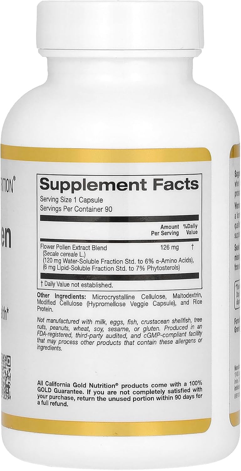 California Gold Nutrition Flower Pollen Extract Capsules - 90 Vegetarian Capsules for Natural Wellness