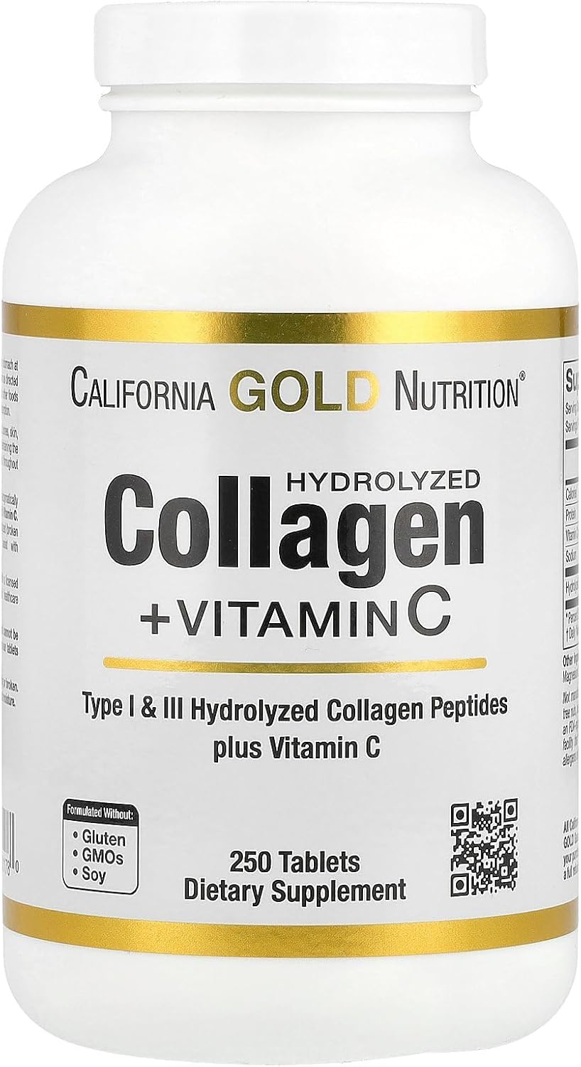 California Gold Nutrition Hydrolyzed Collagen Peptides with Vitamin C - Supports Hair, Skin, Nails, Joints, Bones - Type I & III Collagen - Gluten Free, Non-GMO - 250 Tablets