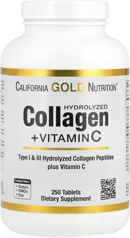California Gold Nutrition Hydrolyzed Collagen Peptides with Vitamin C - Supports Hair, Skin, Nails, Joints, Bones - Type I & III Collagen - Gluten Free, Non-GMO - 250 Tablets