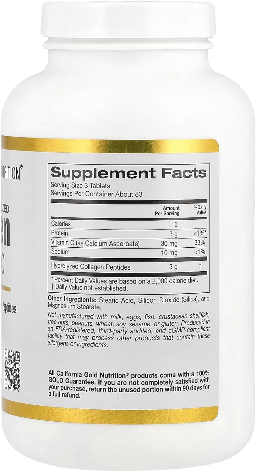 California Gold Nutrition Hydrolyzed Collagen Peptides with Vitamin C - Supports Hair, Skin, Nails, Joints, Bones - Type I & III Collagen - Gluten Free, Non-GMO - 250 Tablets