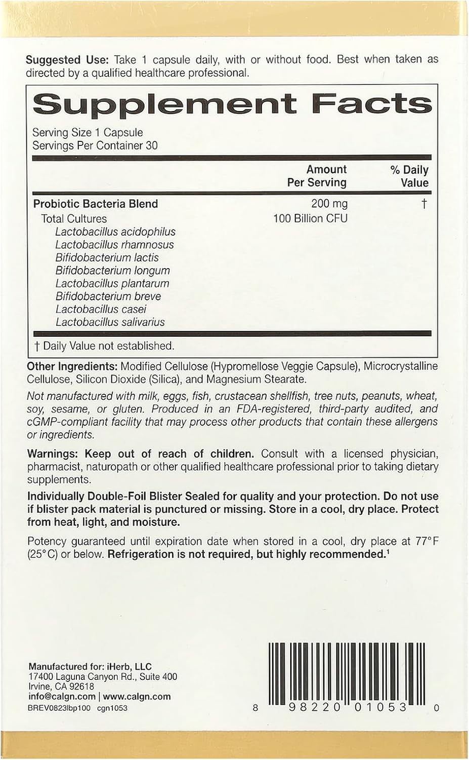 California Gold Nutrition LactoBif Probiotics 100 Billion CFU 30 Veggie Capsules