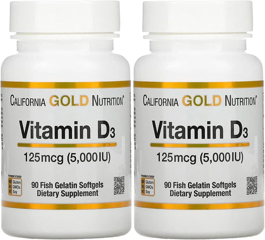 California Gold Nutrition Vitamin D3 5000 IU Softgel Supplement - 2 Pack (90 Count Each) - Bone, Teeth, & Immune System Support - Gluten-Free, Non-GMO - 125 mcg