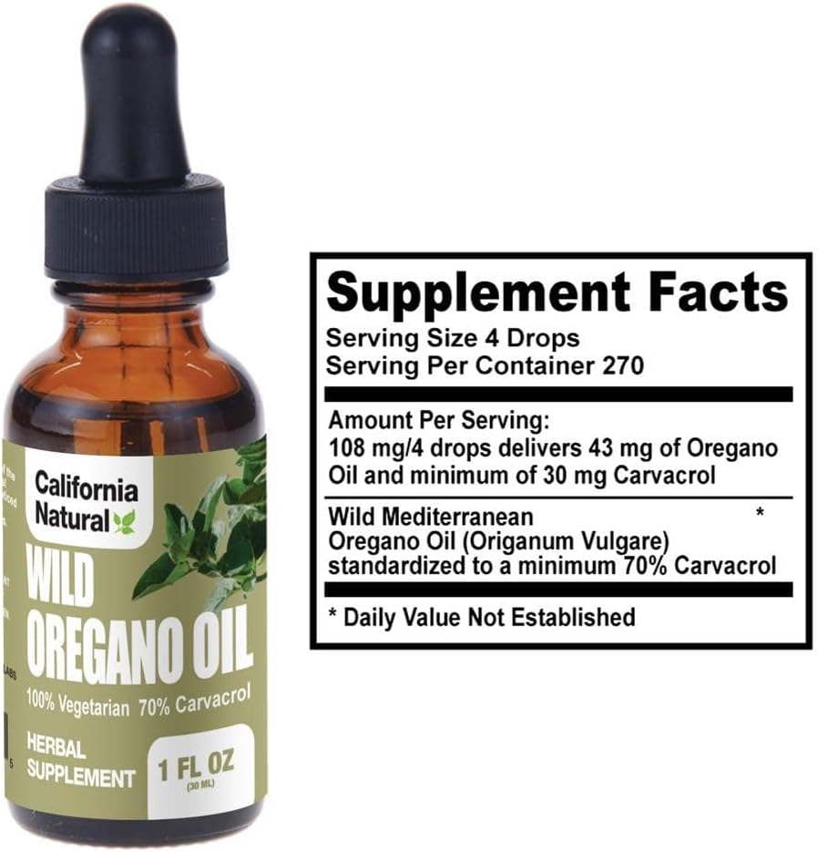 California Natural Wild Oregano Oil 1oz: Immune & Digestive Support, Gut Health, Vegetarian, 70% Carvacrol, Herbal Supplement