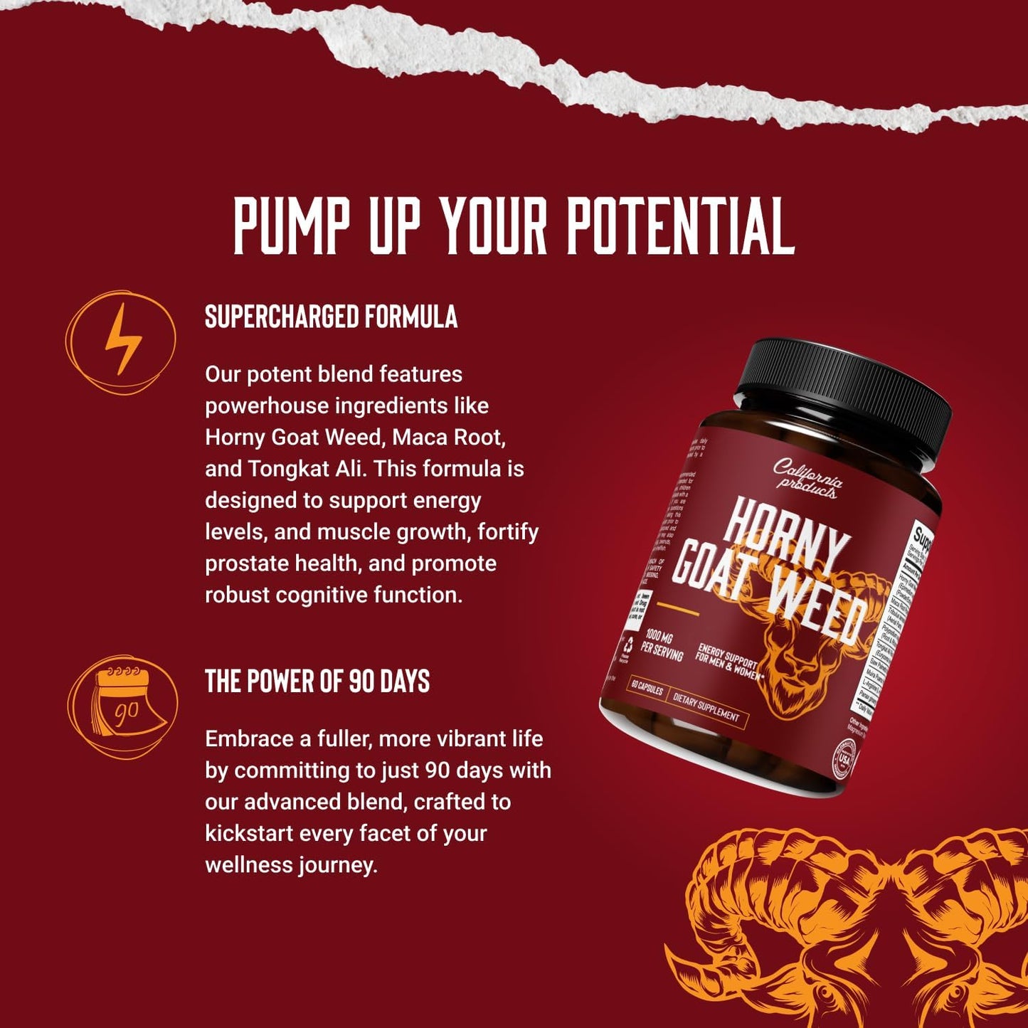 California Products Horny Goat Weed Complex with 1000mg Extract, Tongkat Ali, and Maca Root Powder for Extra Strength
