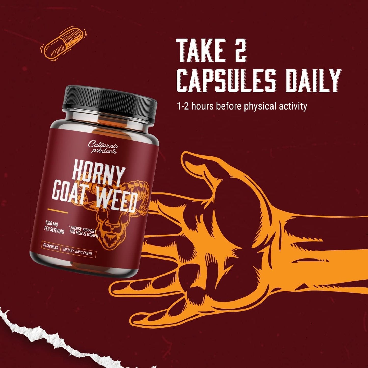 California Products Horny Goat Weed Complex with 1000mg Extract, Tongkat Ali, and Maca Root Powder for Extra Strength