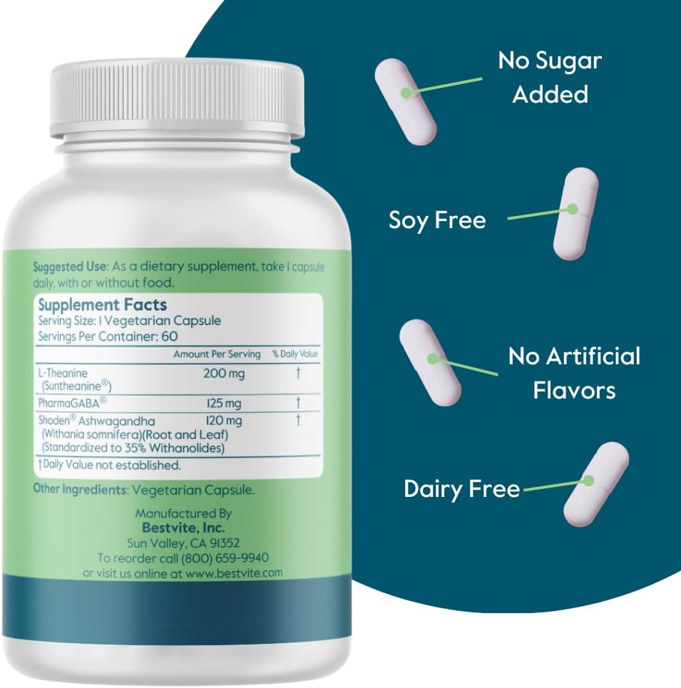 Calm AF Supplement with Shoden Ashwagandha & Suntheanine - 60 Veggie Caps, Vegan & Non-GMO - Gluten Free Formula