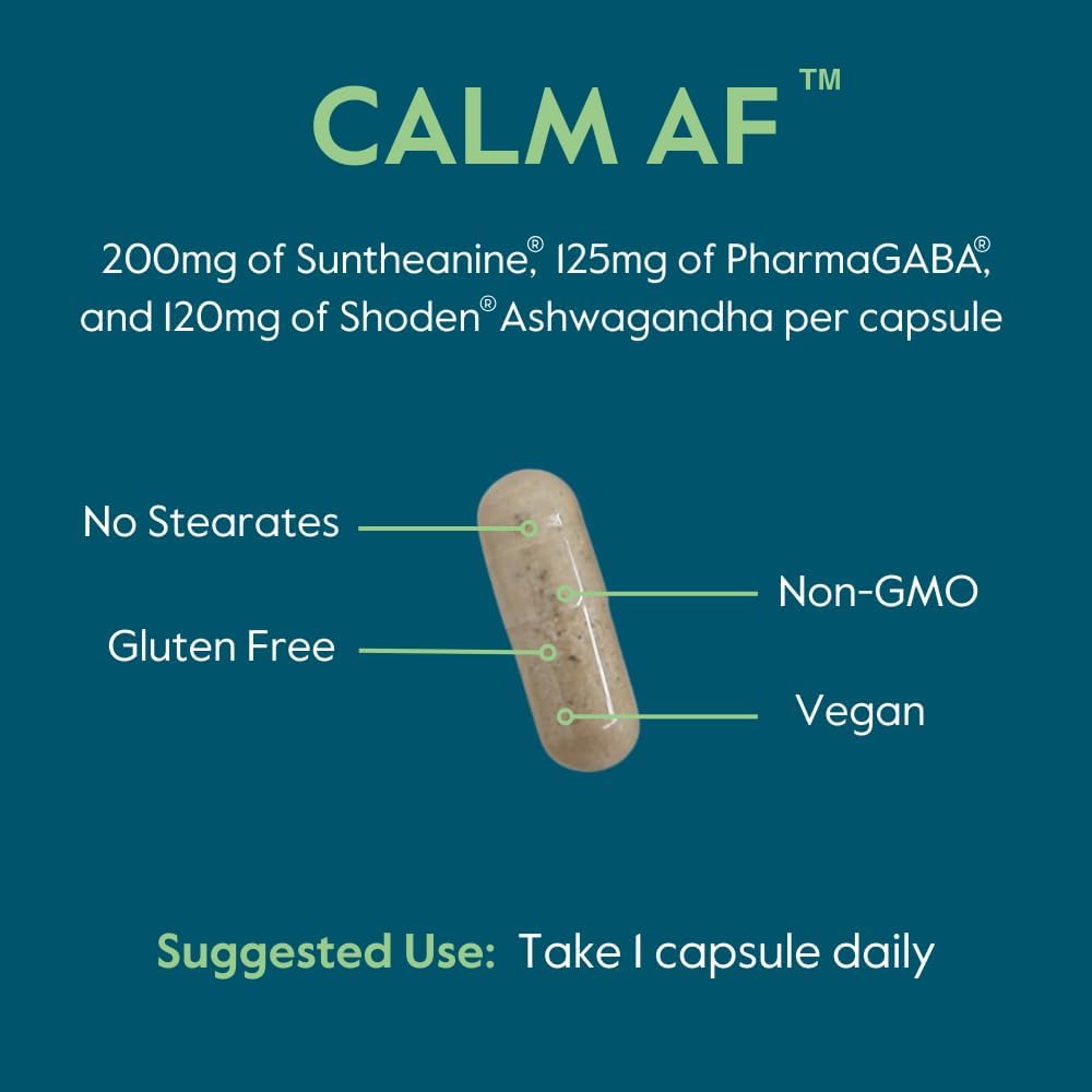 Calm AF Supplement with Shoden Ashwagandha & Suntheanine - 60 Veggie Caps, Vegan & Non-GMO - Gluten Free Formula