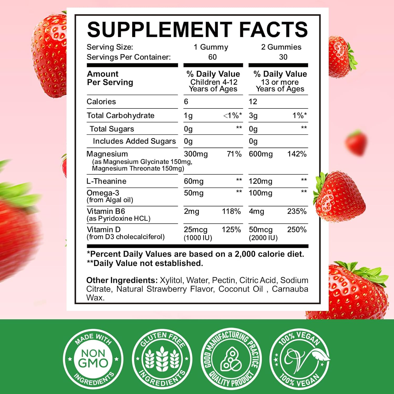 Calm Chewable Magnesium Gummies for Kids & Adults- Vegan Supplement with Omega-3, Vitamin B6, D3- Stress Relief & Bone Support, 60 Gummies