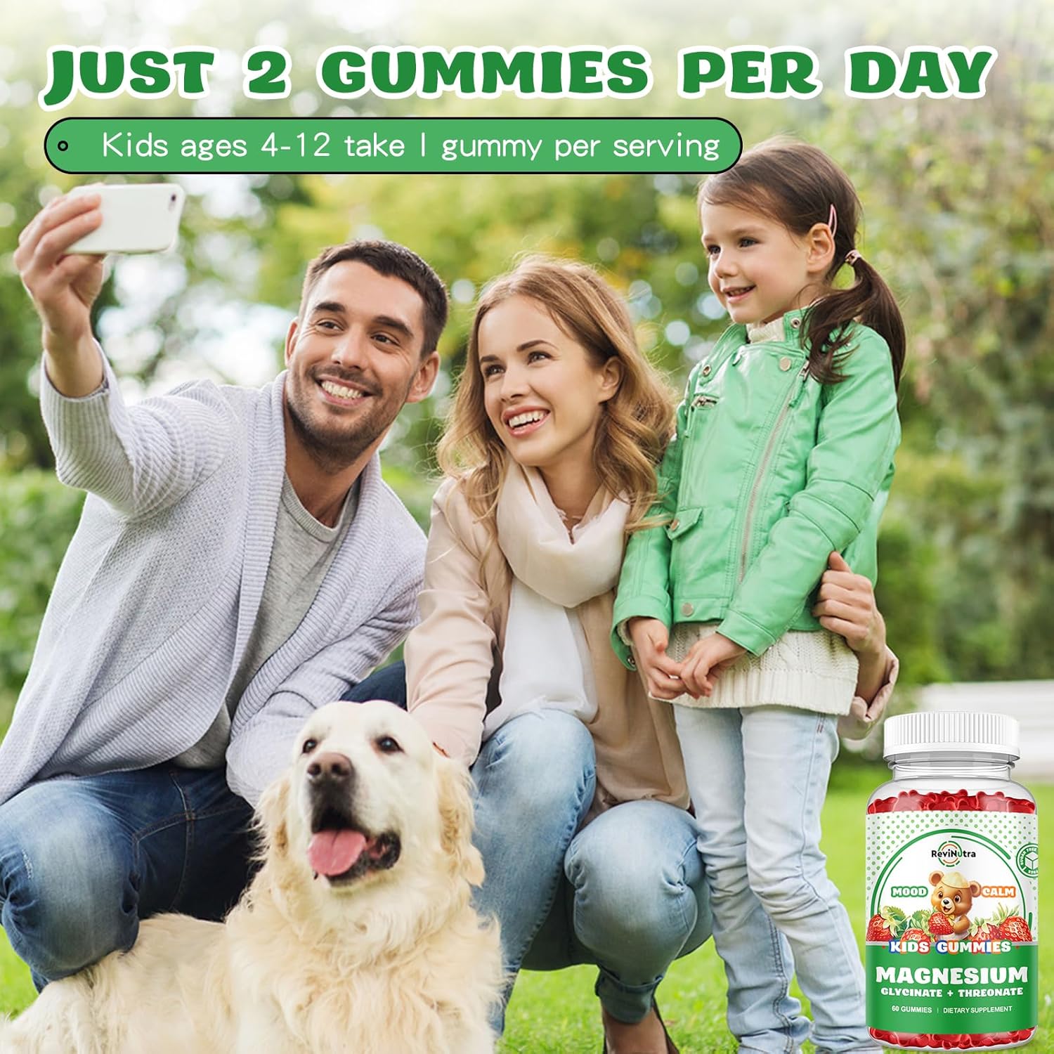 Calm Chewable Magnesium Gummies for Kids & Adults- Vegan Supplement with Omega-3, Vitamin B6, D3- Stress Relief & Bone Support, 60 Gummies
