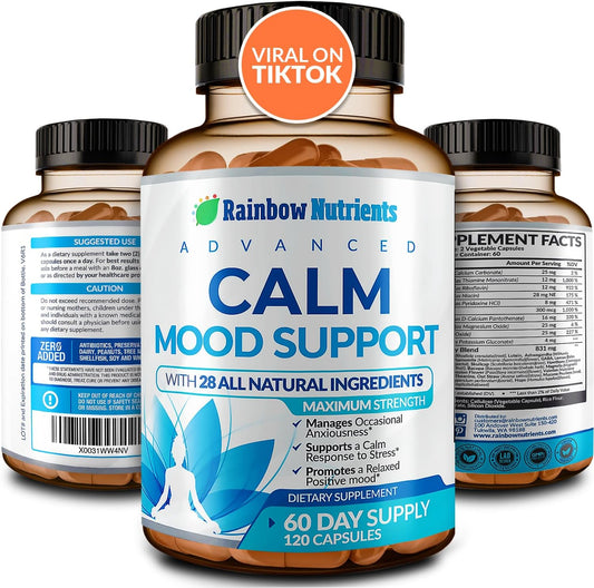 Calm Mood Support Supplement for Occasional Anxiety & Stress - Natural Happy Pills for Relaxation, Mental Clarity - 28-in-1 Mood & Sleep Support - 120 Vegan Capsules by Rainbow Nutrients, LLC