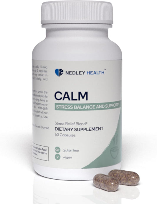 Calm Stress Relief & Mood Support Supplement - Natural Blend with Ashwagandha, Lemon Balm, L-Theanine - 60 Vegan Capsules