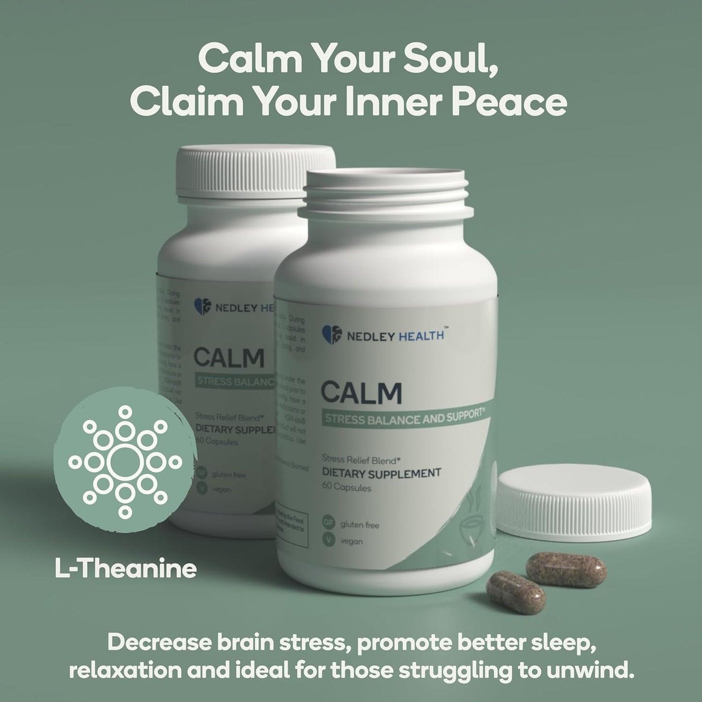 Calm Stress Relief & Mood Support Supplement - Natural Blend with Ashwagandha, Lemon Balm, L-Theanine - 60 Vegan Capsules