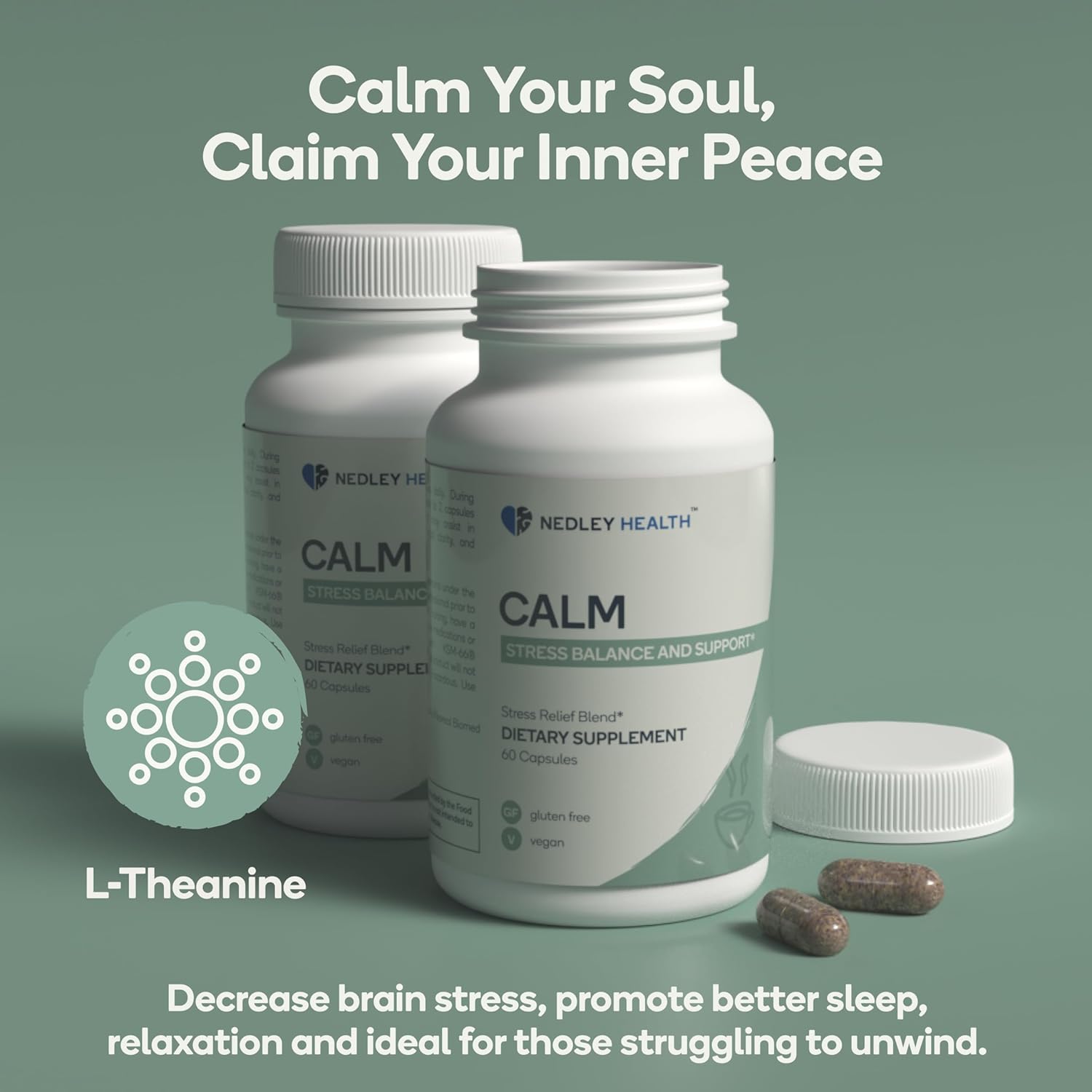 Calm Stress Relief & Mood Support Supplement - Natural Blend with Ashwagandha, Lemon Balm, L-Theanine - 60 Vegan Capsules