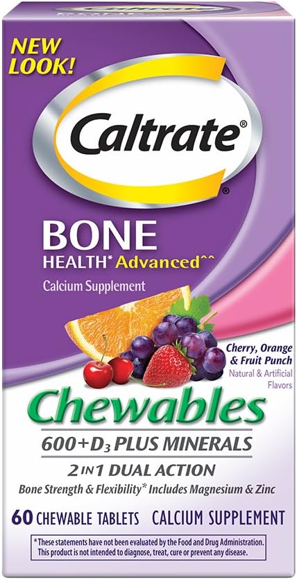 Caltrate Chewable Calcium & Vitamin D3 Tablets with Minerals, 600mg, Fruit Flavored, 60 Count (Pack of 3)