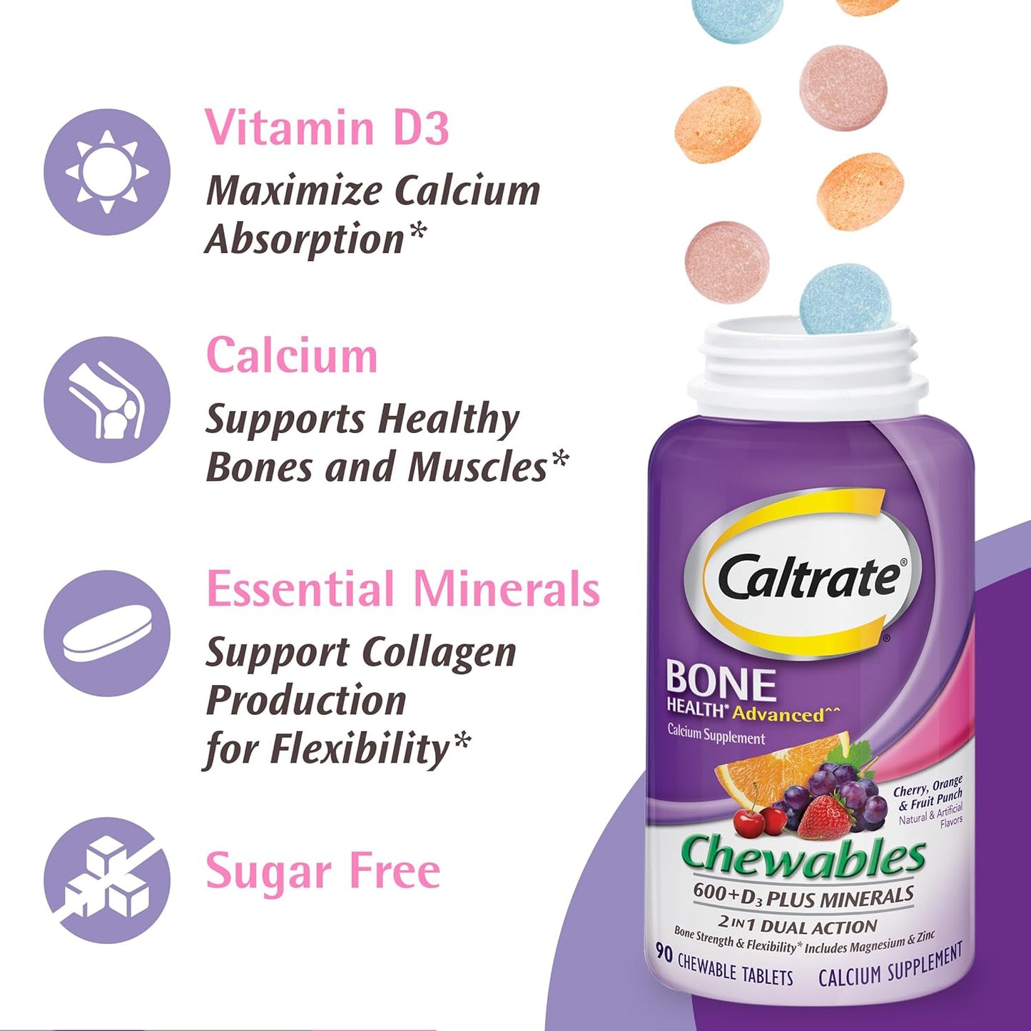 Caltrate Chewables 600 +D3 Plus Minerals, Sugar Free, Cherry, Orange, Fruit Punch Flavors - 155 Count