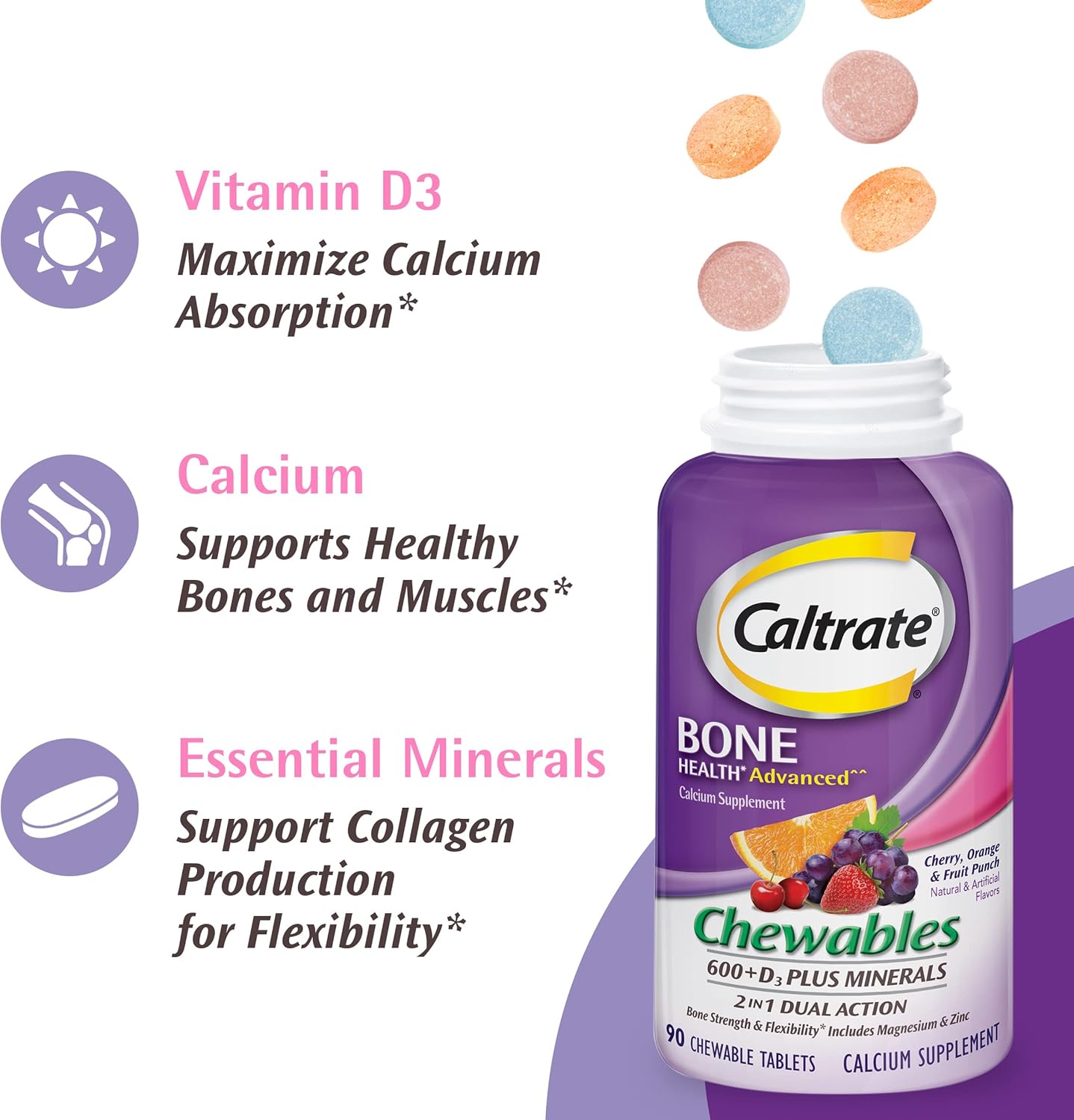 Caltrate Chewables 600 Plus D3 & Minerals Calcium Vitamin D Supplement, Variety Pack - 120 Count