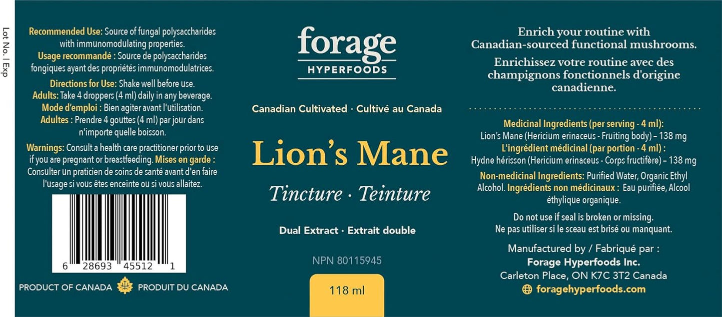 Canadian Lion's Mane Mushroom Liquid Supplement Extract for Memory & Nerve Support - Vegan, Non-GMO Superfood Tincture