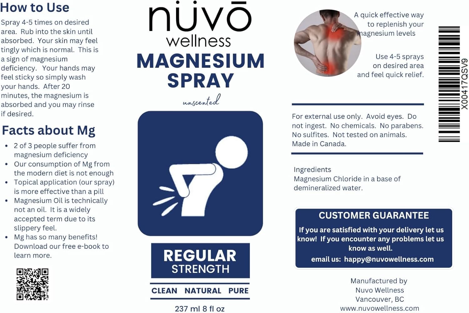 Canadian-made NUVO WELLNESS ESSENTIALS Unscented Magnesium Oil Spray - Regular Strength - 2 Pack of 8oz Bottles - 237 ml x 2