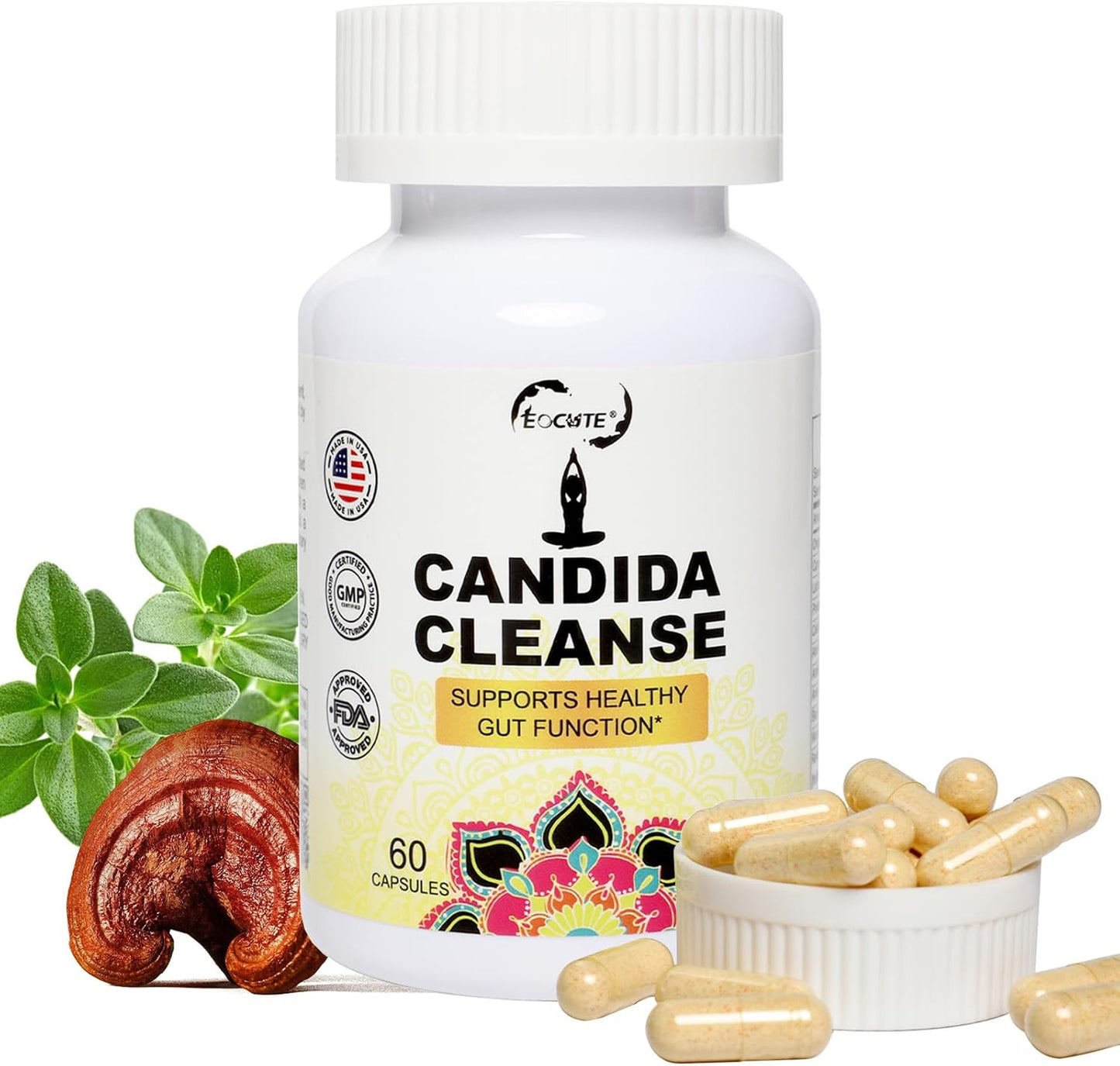 Candida Cleanse Capsules - Herbal Intestinal Detox with Probiotics, Oregano, Caprylic Acid, Black Walnut & Reishi - Gut & Colon Support