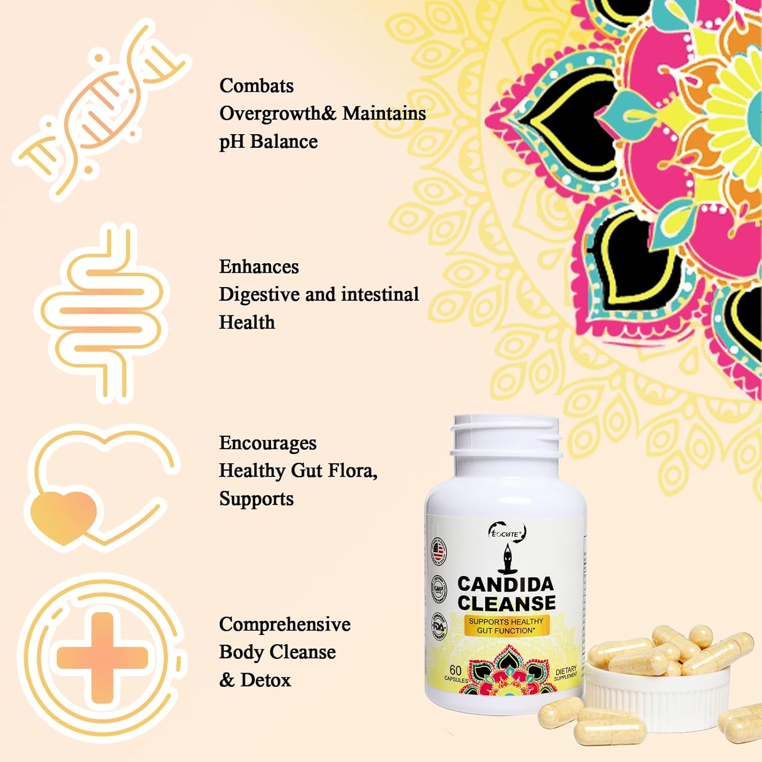 Candida Cleanse Capsules - Herbal Intestinal Detox with Probiotics, Oregano, Caprylic Acid, Black Walnut & Reishi - Gut & Colon Support