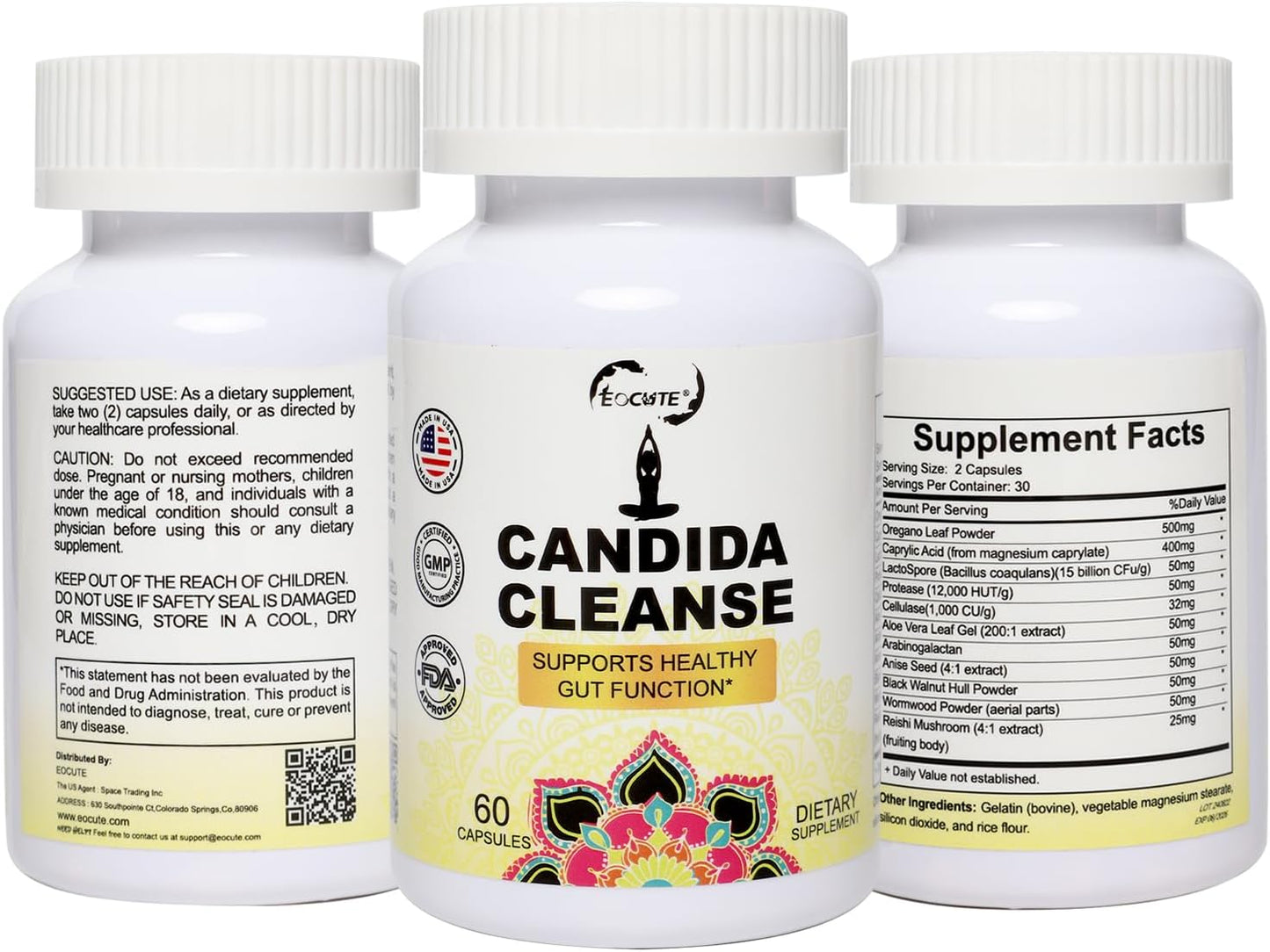 Candida Cleanse Capsules - Herbal Intestinal Detox with Probiotics, Oregano, Caprylic Acid, Black Walnut & Reishi - Gut & Colon Support