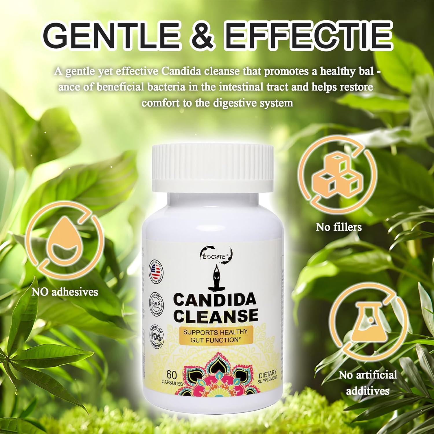 Candida Cleanse Capsules - Herbal Intestinal Detox with Probiotics, Oregano, Caprylic Acid, Black Walnut & Reishi - Gut & Colon Support