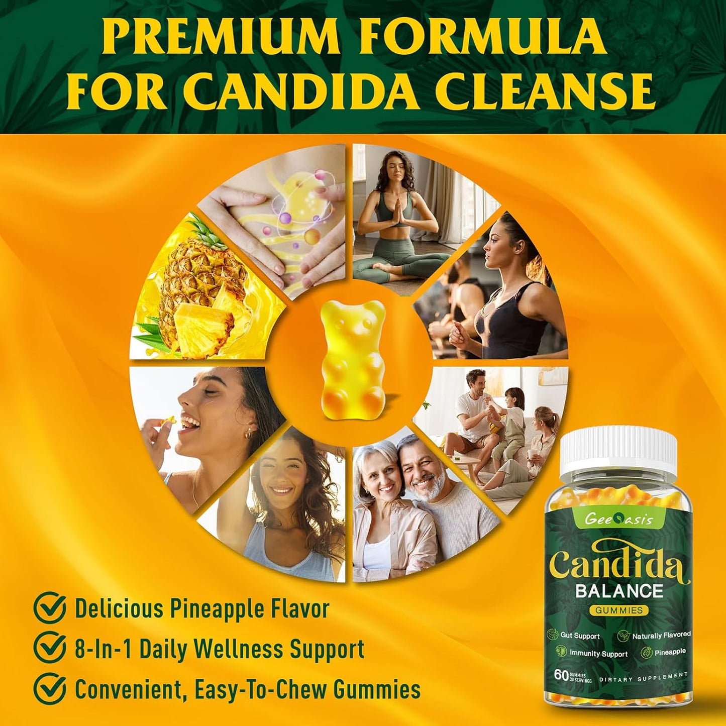 Candida Cleanse Gummies for Men & Women - Gut & Immune Support Supplement - Natural Pineapple Flavor - 60 Count