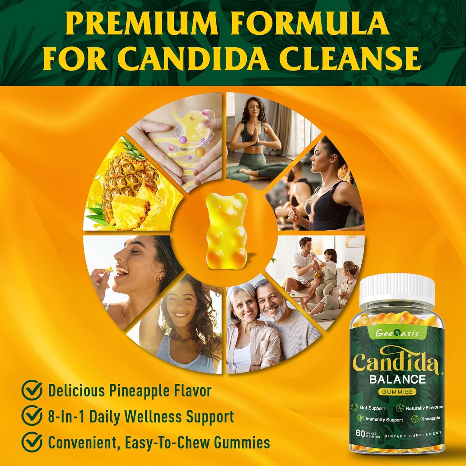 Candida Cleanse Gummies for Men & Women - Gut & Immune Support Supplement - Natural Pineapple Flavor - 60 Count