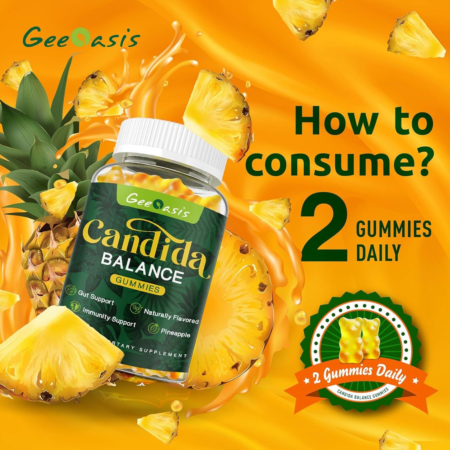 Candida Cleanse Gummies for Men & Women - Gut & Immune Support Supplement - Natural Pineapple Flavor - 60 Count