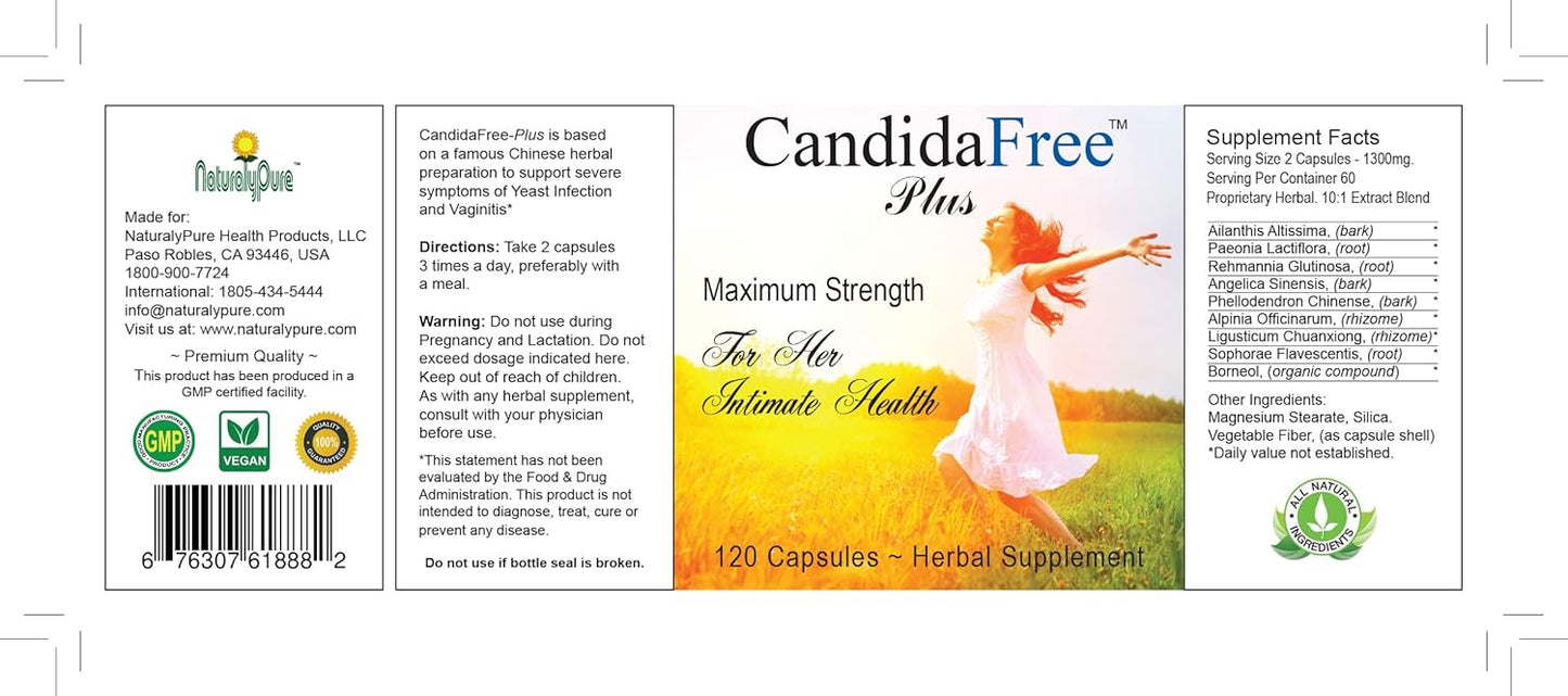 Candida-Free Natural Balance Support Formula for Women - 120 Vegan Capsules, Yeast Overgrowth Cleanse & Detox