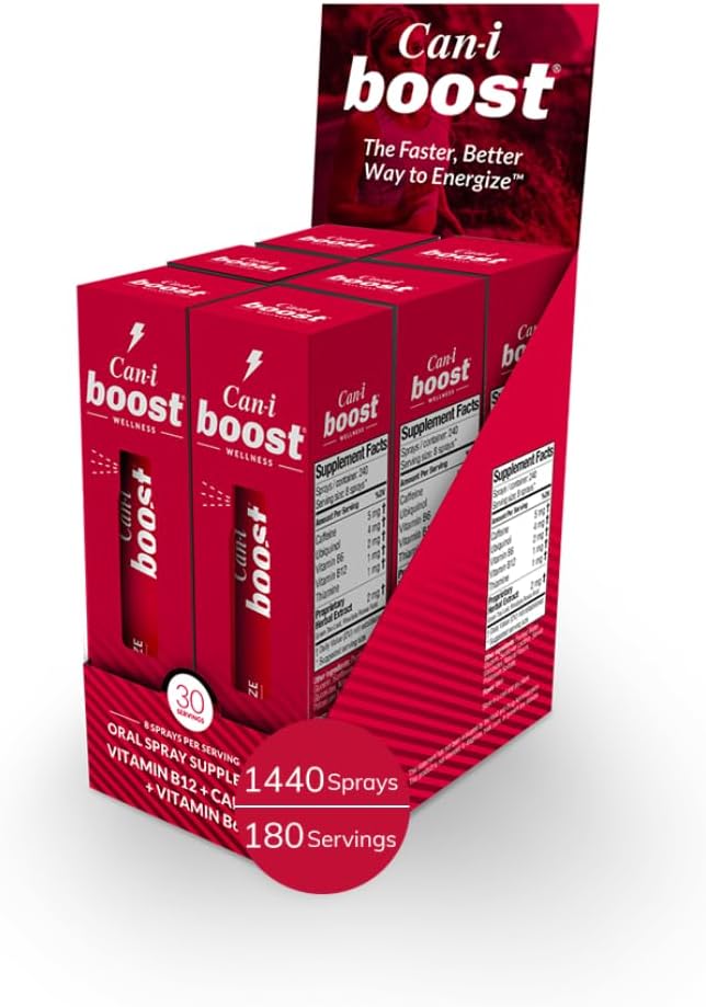 Cani Brands Brain Boost Oral Spray 6 Pack - 180 Servings | Fast Absorption Sublingual Vitamin B12, B6, Caffeine | Memory & Focus Supplement for Adults | Energize Your Brain with Can I Boost