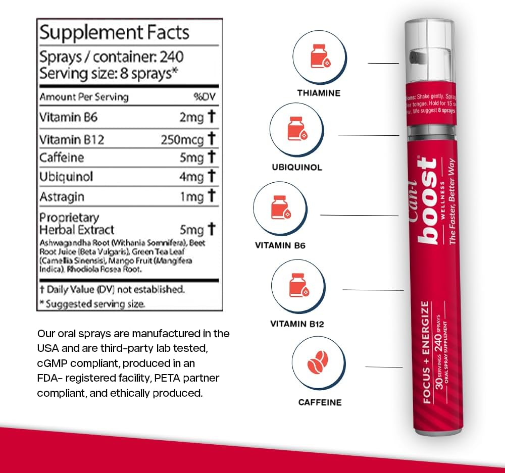 Cani Brands Brain Boost Oral Spray 6 Pack - 180 Servings | Fast Absorption Sublingual Vitamin B12, B6, Caffeine | Memory & Focus Supplement for Adults | Energize Your Brain with Can I Boost