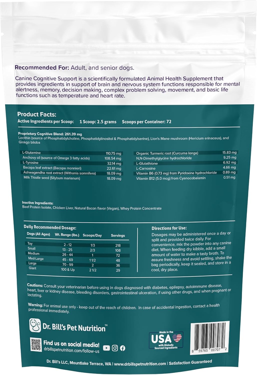 Canine Cognitive Support Supplement with Gingko Biloba, L-Carnosine, Vitamin B-12, L-Glutamine, L-Tyrosine, and DHA for Adult and Senior Dogs
