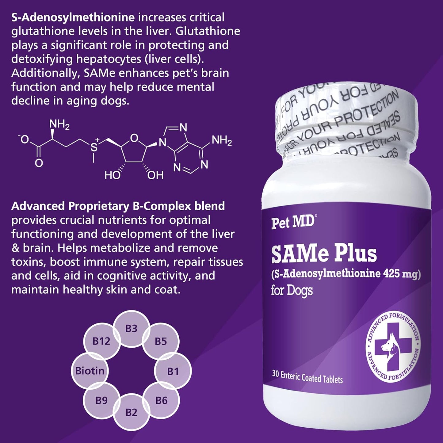 Canine Liver & Brain Health Support Supplement with B Vitamins - Pet MD Same Plus for Dogs - 30 Enteric Coated Tablets