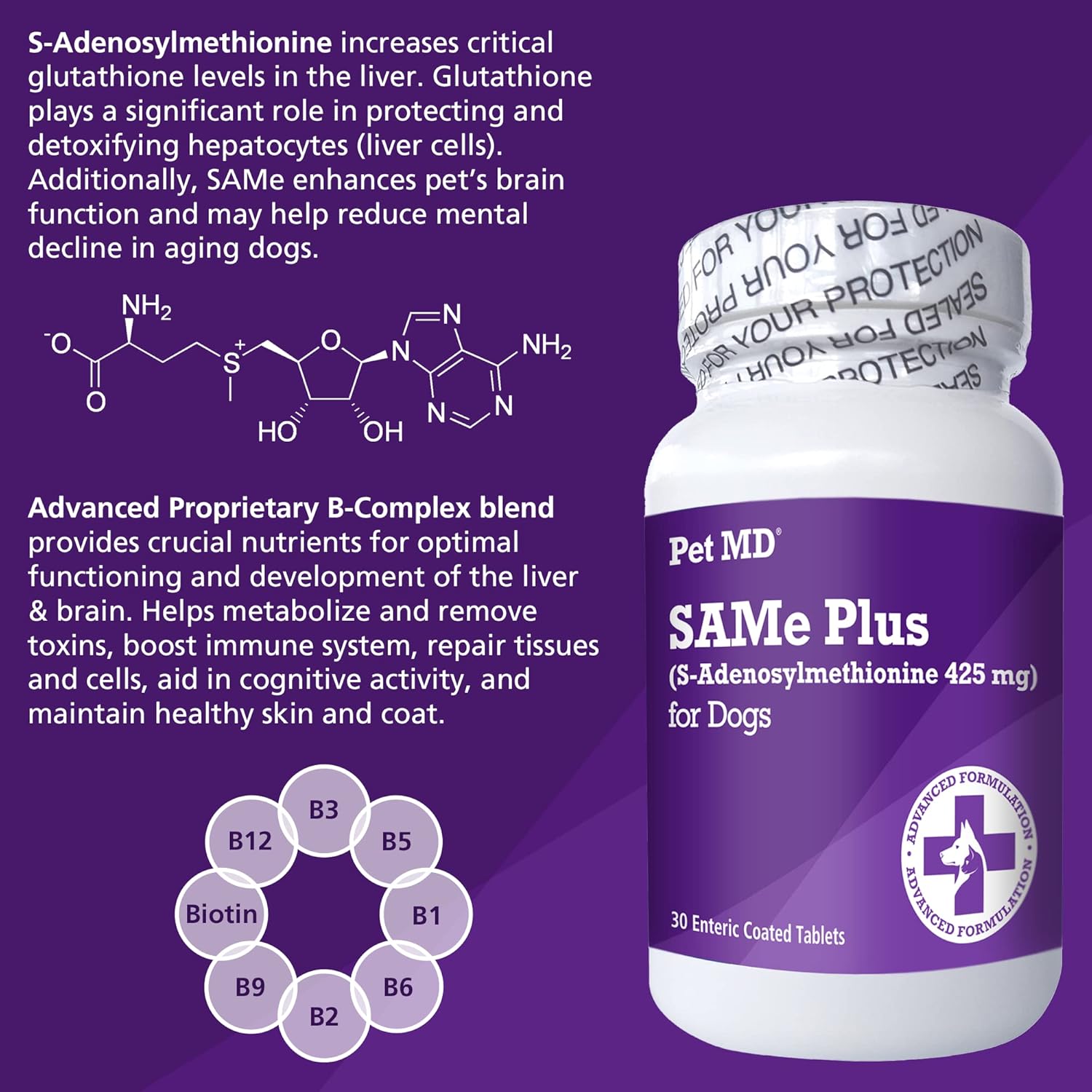 Canine Liver & Brain Health Support Supplement with B Vitamins - Pet MD Same Plus for Dogs - 30 Enteric Coated Tablets