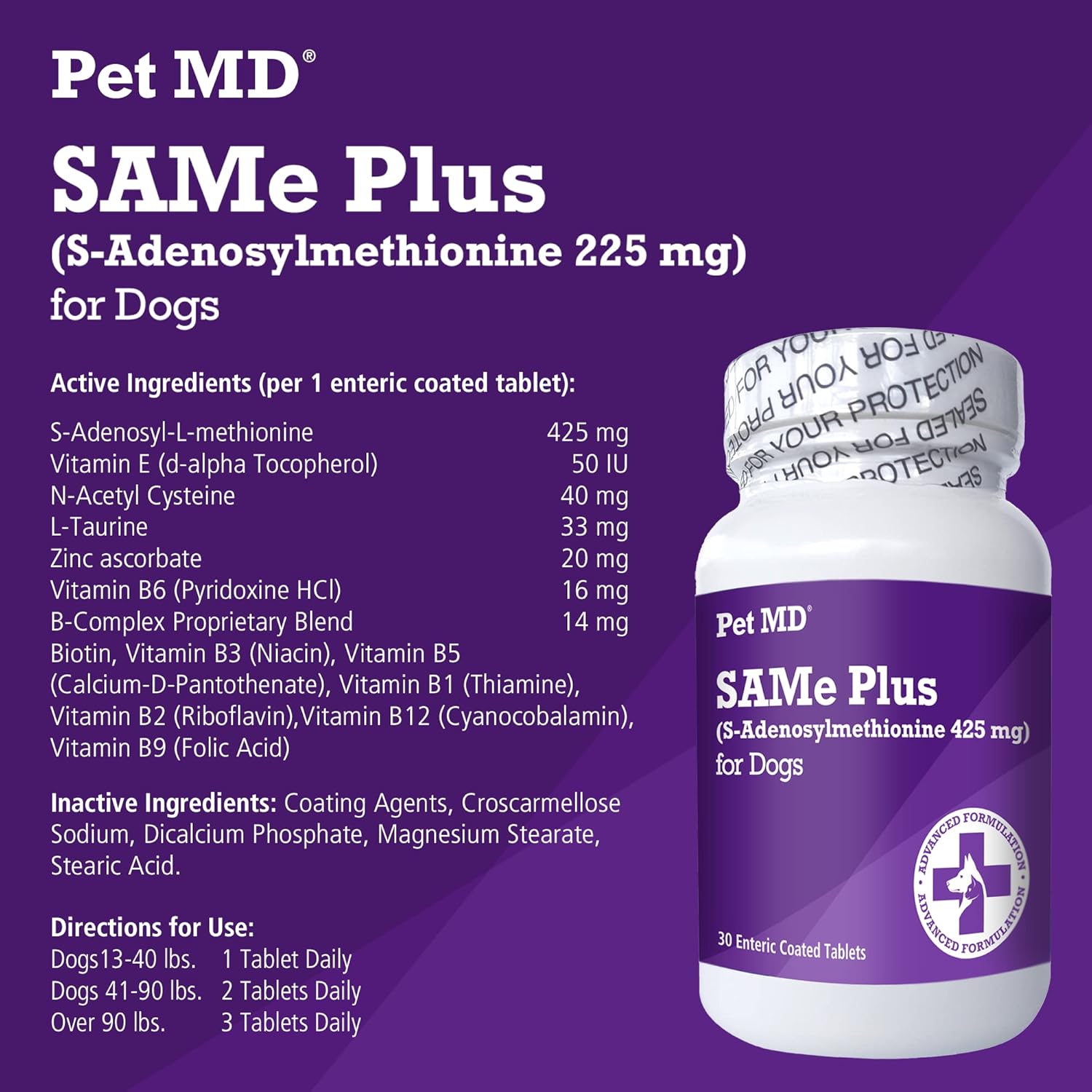 Canine Liver & Brain Health Support Supplement with B Vitamins - Pet MD Same Plus for Dogs - 30 Enteric Coated Tablets