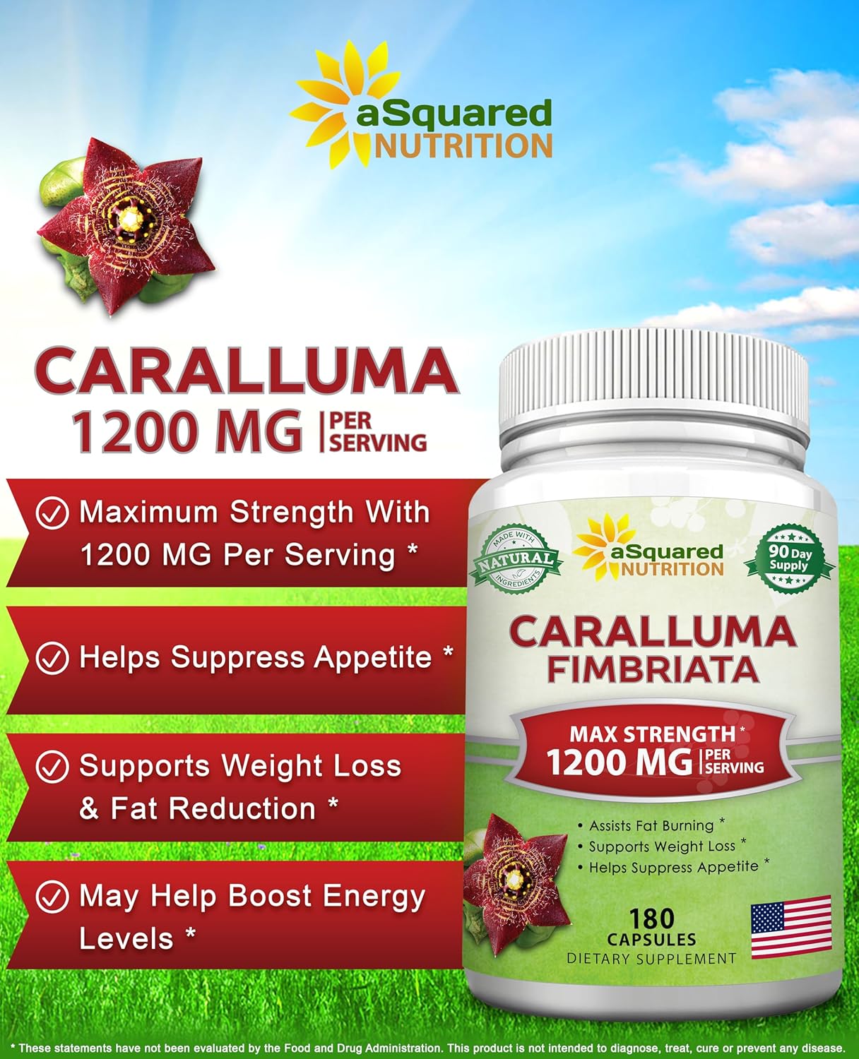 Caralluma Fimbriata 1200mg - 180 Capsules, Natural Appetite Suppressant & Energy Booster for Weight Loss, Max Strength Slimming Formula