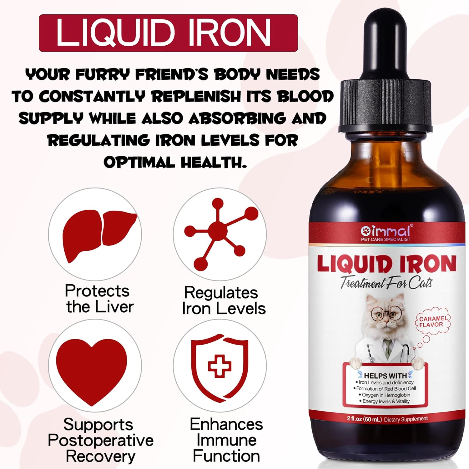 Caramel Flavored Liquid Iron Drops for Cats - Supports Anemia & Lethargy, Boost Energy Levels & Vitality - Cat Vitamin Supplement - 2 fl. oz.