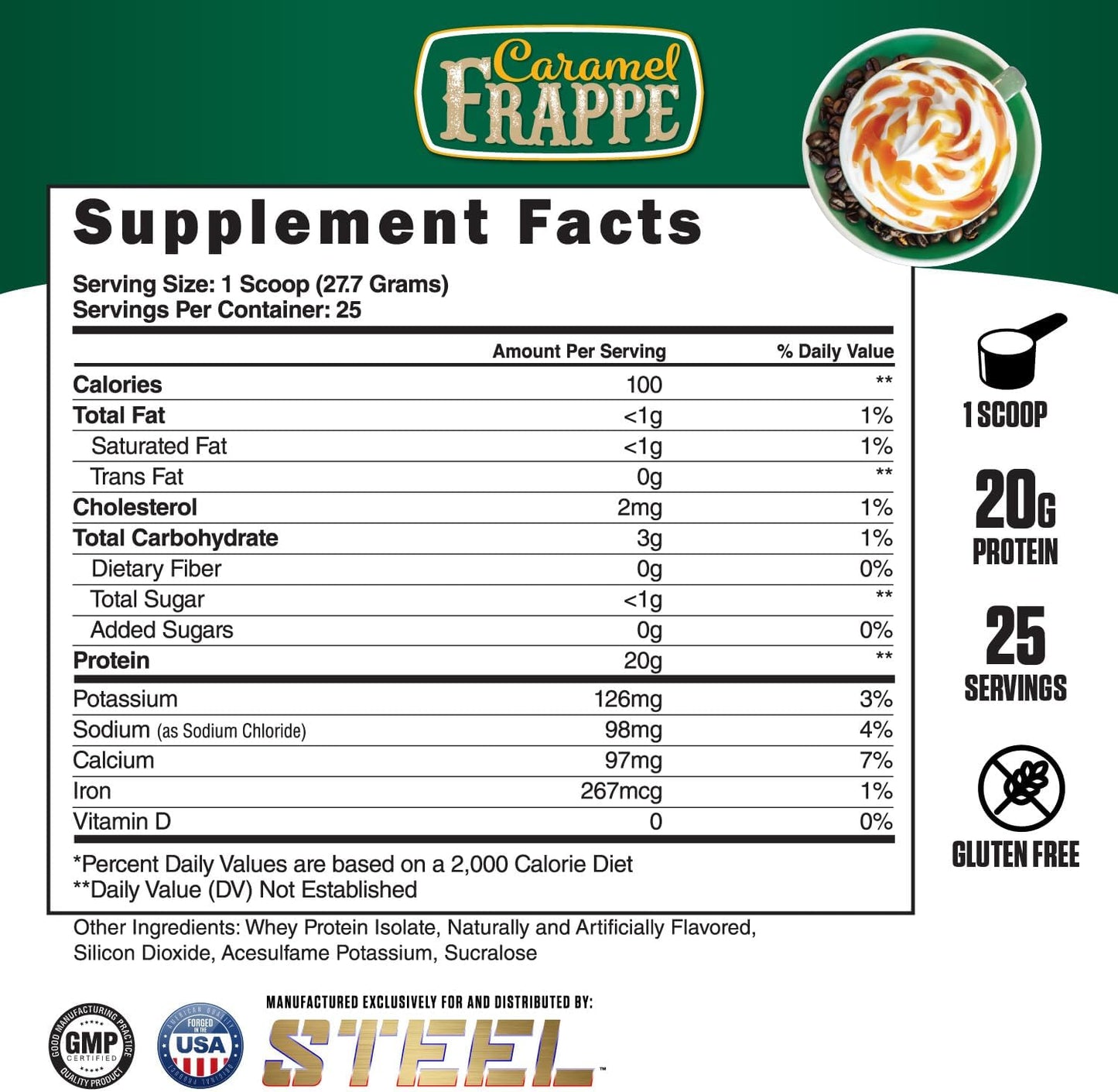 Caramel Frappe Whey Protein Isolate Powder by Steel Supplements | 25 Servings (1.53lbs) | BCAA & Essential Amino Acids | Easy Digestion | Low Carb