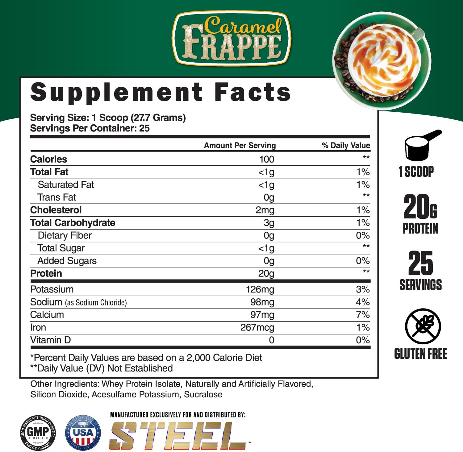 Caramel Frappe Whey Protein Isolate Powder by Steel Supplements | 25 Servings (1.53lbs) | BCAA & Essential Amino Acids | Easy Digestion | Low Carb