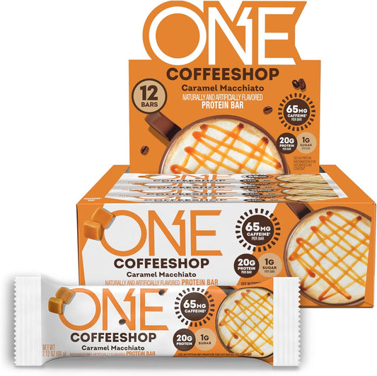 Caramel Macchiato Coffee Shop Protein Bars with Caffeine - Gluten Free, 20g Protein, Low Sugar, Guilt-Free Snack - 12 Count
