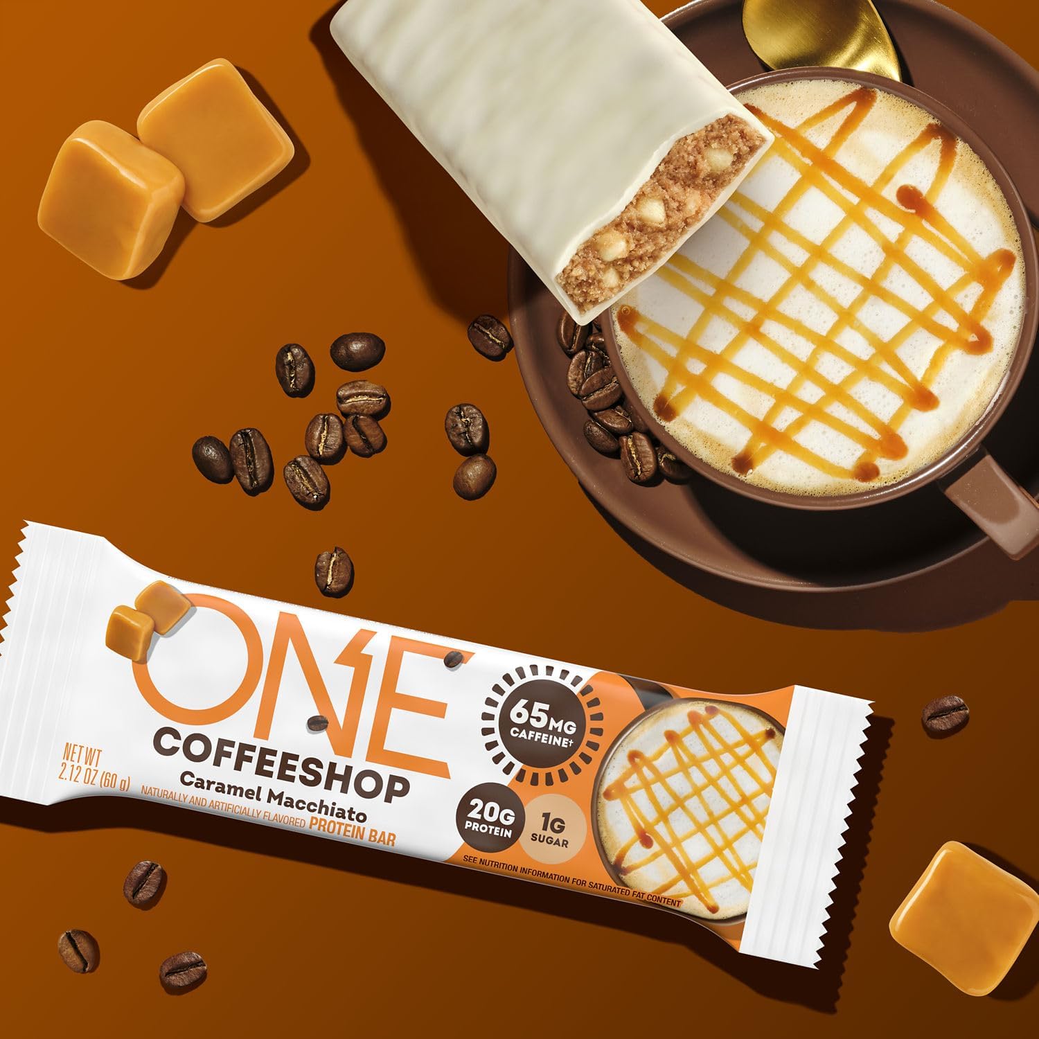 Caramel Macchiato Coffee Shop Protein Bars with Caffeine - Gluten Free, 20g Protein, Low Sugar, Guilt-Free Snack - 12 Count