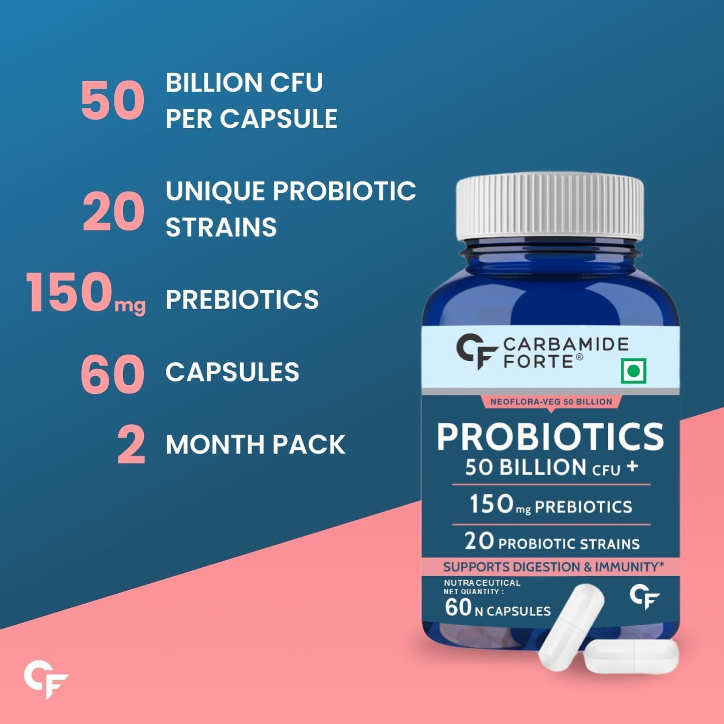 Carba.Mide Forte Probiotics Supplement - 60 Veg Capsules, 50 Billion CFU for Gut Health