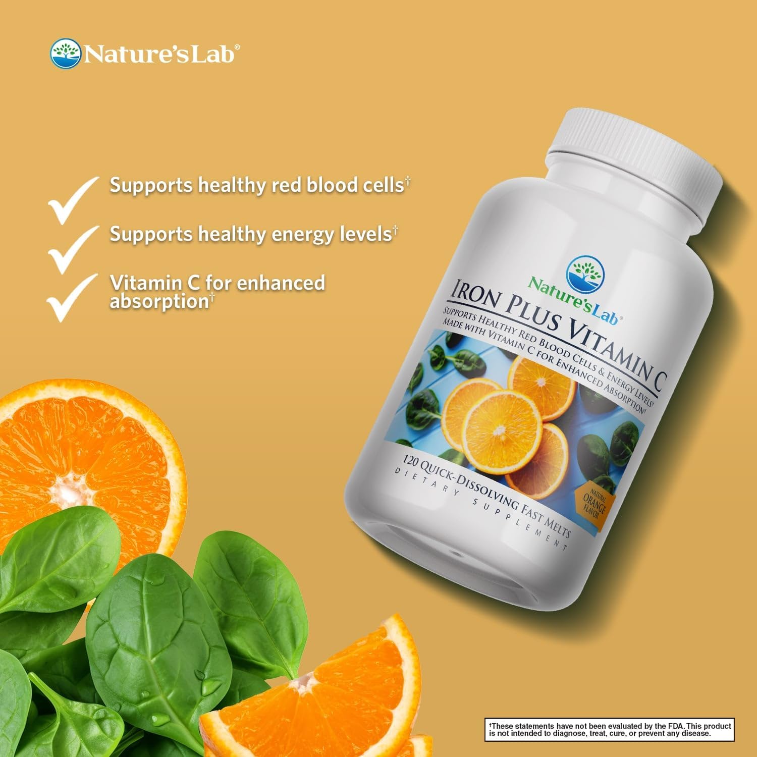 Carbonyl Iron Fast Melt Tablets with Vitamin C for Healthy Red Blood Cells - Gentle on Stomach, High Absorption - 120 Tablets