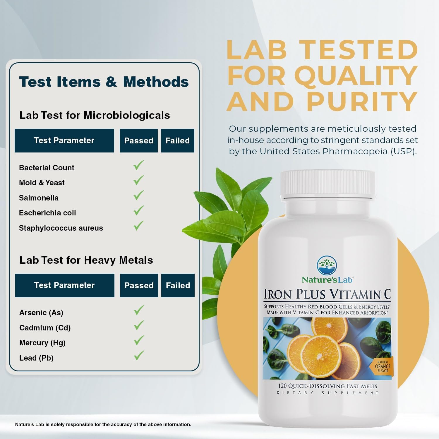 Carbonyl Iron Fast Melt Tablets with Vitamin C for Healthy Red Blood Cells - Gentle on Stomach, High Absorption - 120 Tablets