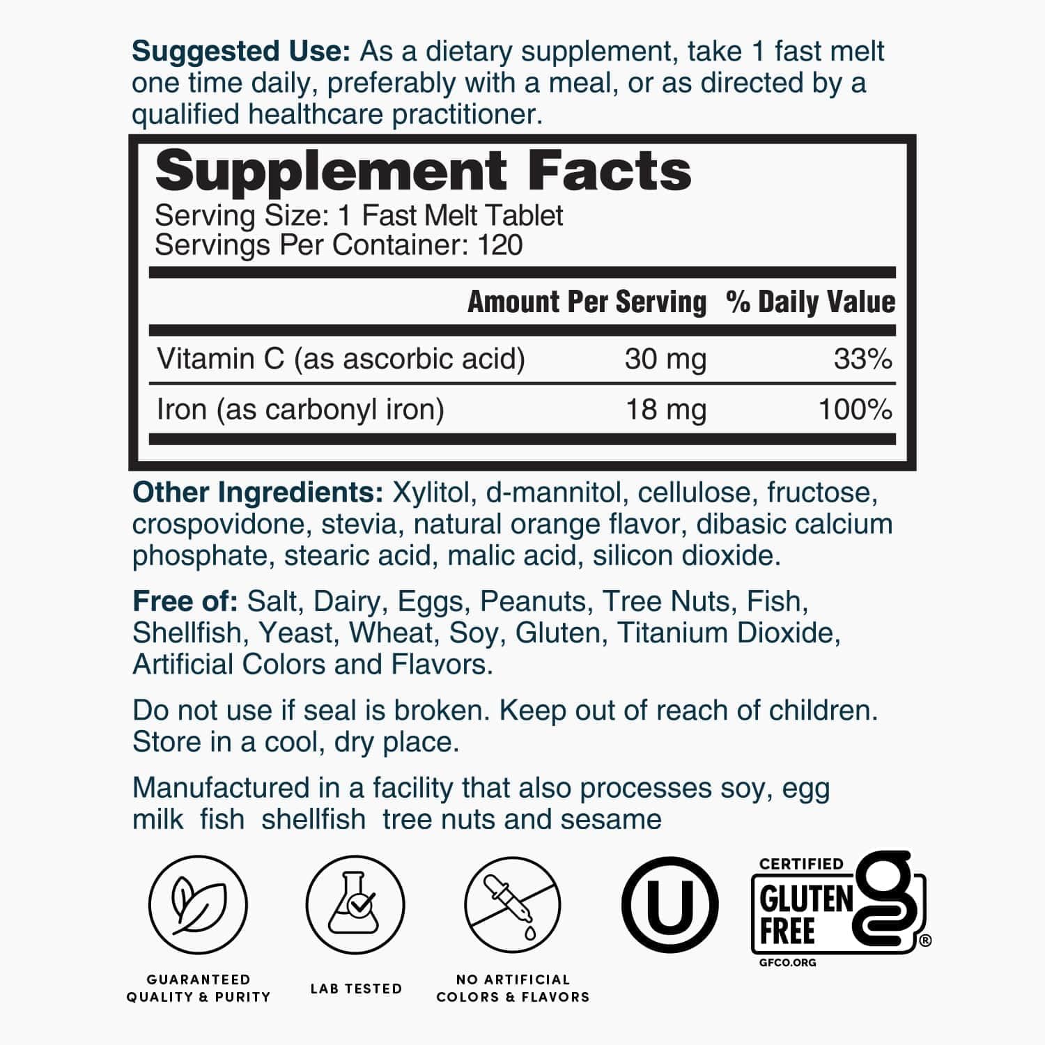 Carbonyl Iron Fast Melt Tablets with Vitamin C for Healthy Red Blood Cells - Gentle on Stomach, High Absorption - 120 Tablets