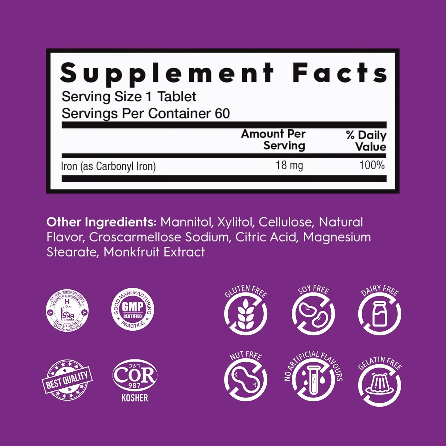 Carbonyl Iron Supplement 18mg Quick Dissolving Tablets - Boost Energy, Focus & Immunity - Blueberry Flavor - 60 Tablets