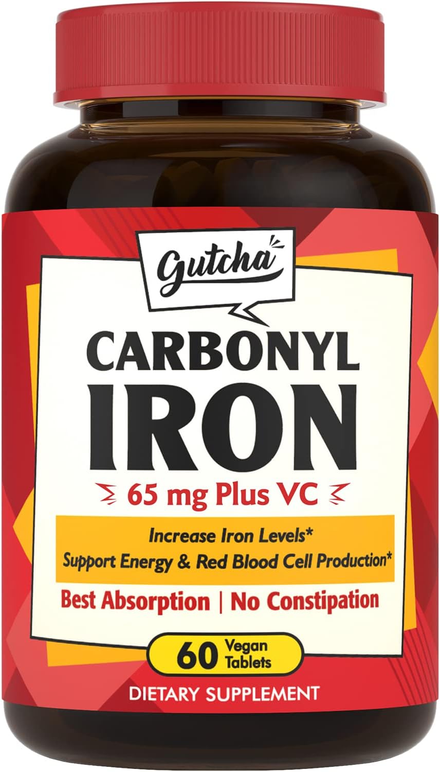 Carbonyl Iron Supplement with Vitamin C for Energy and Blood Support, Gentle on Stomach, Vegan, Non-GMO - 60 Ct