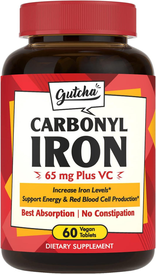 Carbonyl Iron Supplement with Vitamin C for Energy and Blood Support, Gentle on Stomach, Vegan, Non-GMO - 60 Ct
