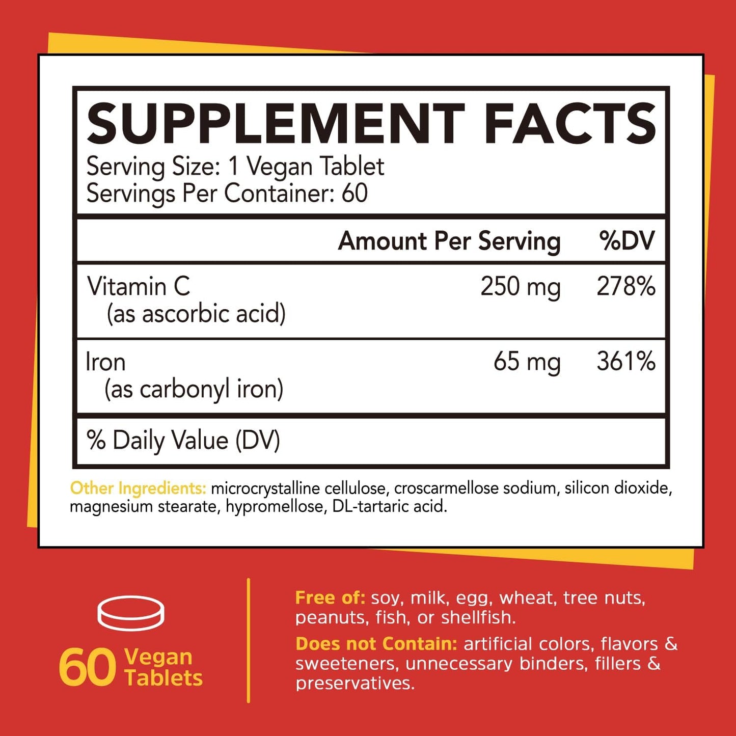 Carbonyl Iron Supplement with Vitamin C for Energy and Blood Support, Gentle on Stomach, Vegan, Non-GMO - 60 Ct